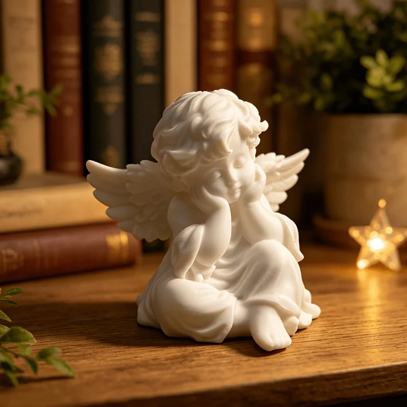 Sweet White Angel Statue 3D Printed CanDIY Cute Thinking Cherub Mini Figurine Home Decor Wedding Romantic Souvenir Ornament Gift Oasis Select