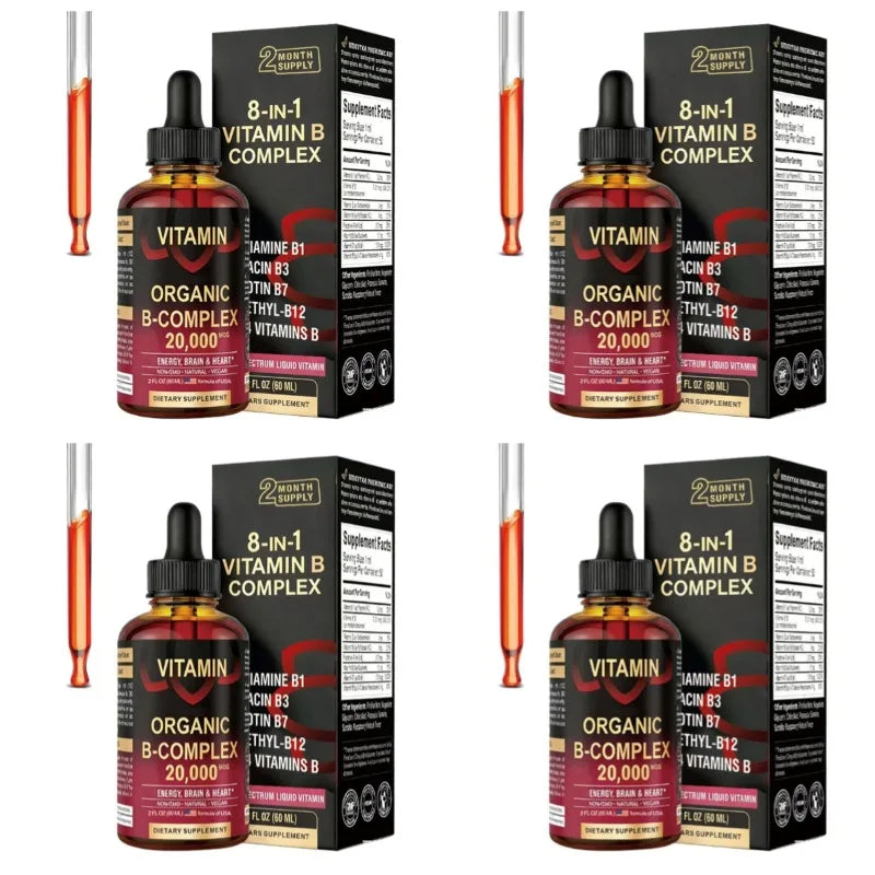 8-in-1 Organic Vitamin B Complex Liquid Drops | B12 Biotin 60mL Liquid B Vitamin Complex Oasis Select 4 bottles