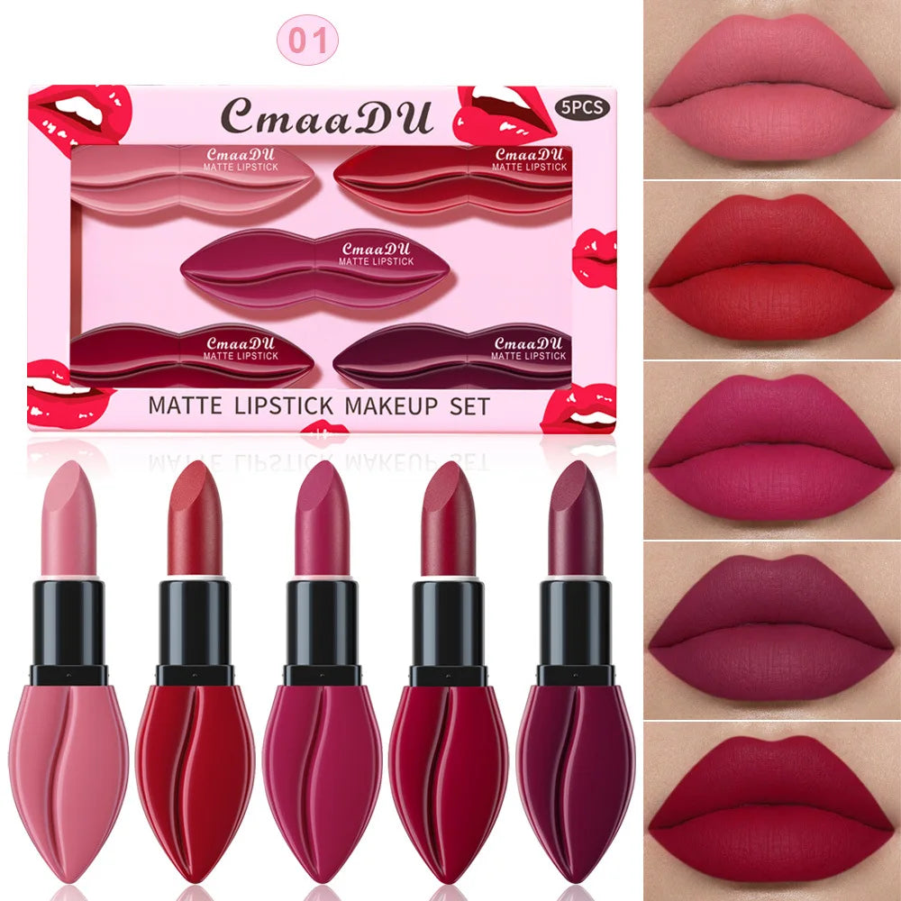 CmaaDu 5-Pc Matte Lipstick Set – Waterproof, Long-Lasting