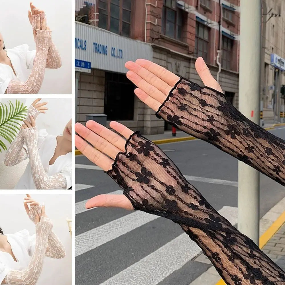 Fashion Lace Sunscreen Sleeve UV Protection Fingerless Driving Gloves Thin Women Arm Cover Summer Oasis Select