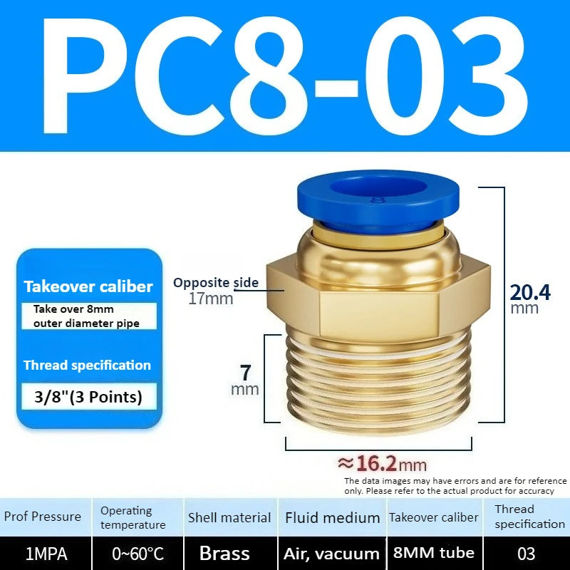 Copper Pneumatic Quick Plug Quick Connector 1/4 "1/8" 3/8 1/2 Thread PC 4mm 6mm 8mm Straight Hose Connector Pipe Oasis Select PC8-03 Blue