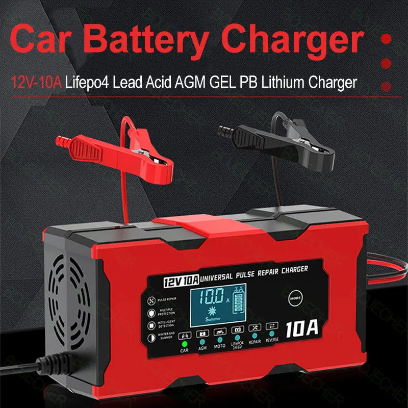 12V 10A Car Battery Charger Pulse Repair Smart Charger For Lifepo4 Lead Acid AGM GEL PB Lithium Battery Car Charger LCD Display Oasis Select