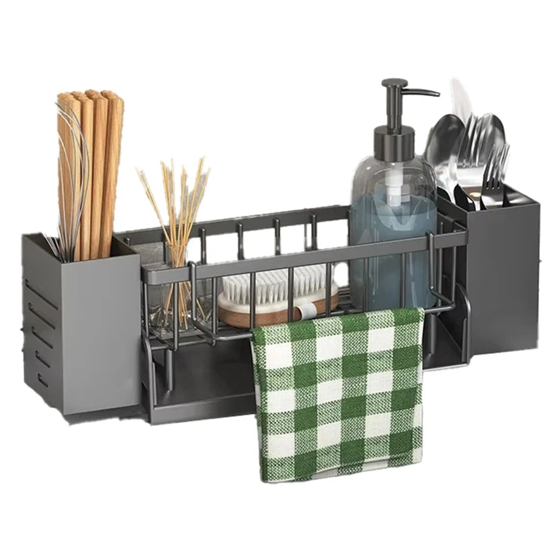 WISH Kitchen Sink Organizer Rack - Plastic Self-Draining Shelf For Soap, Sponge, Dishcloth, Towel, With Filter Basket Oasis Select Grey