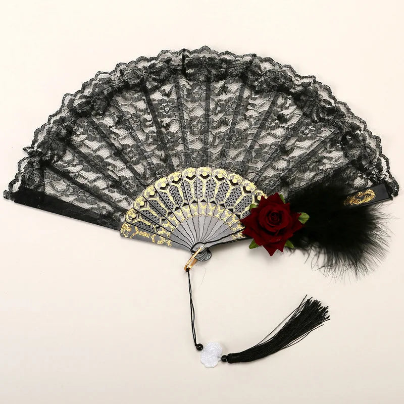Dance Fan Ornament Ladies Lace Hand Fan Black White Cloth Folding Fans Spanish Hand for Wedding Party Favor Accessories Oasis Select G