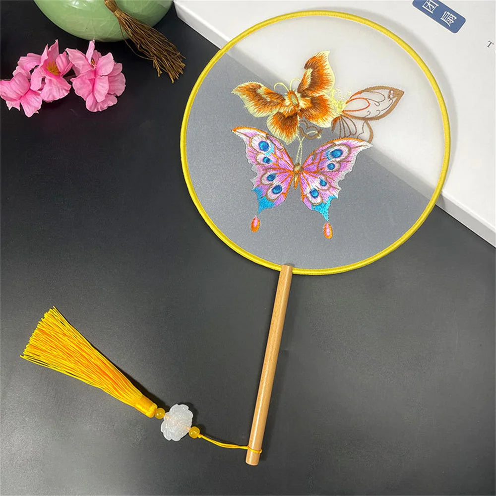 Round Double Sided Embroidery Fan Chinese Style Wooden Handle Embroidery Round Fan with Pendant Handheld Flower Silk Fan Oasis Select Style 8