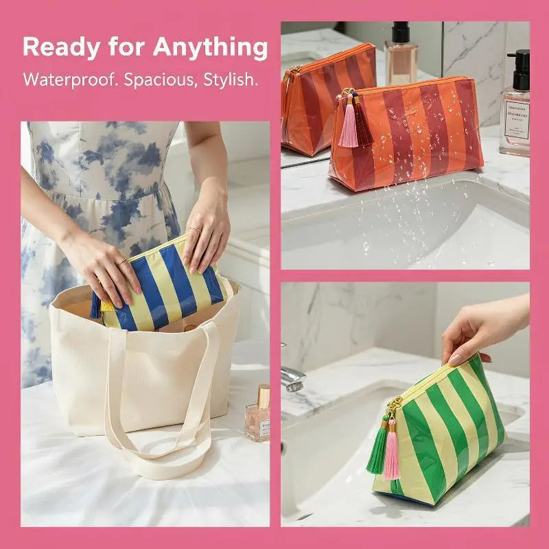 Waterproof Striped PVC Cosmetic Bag with Tassel Zipper