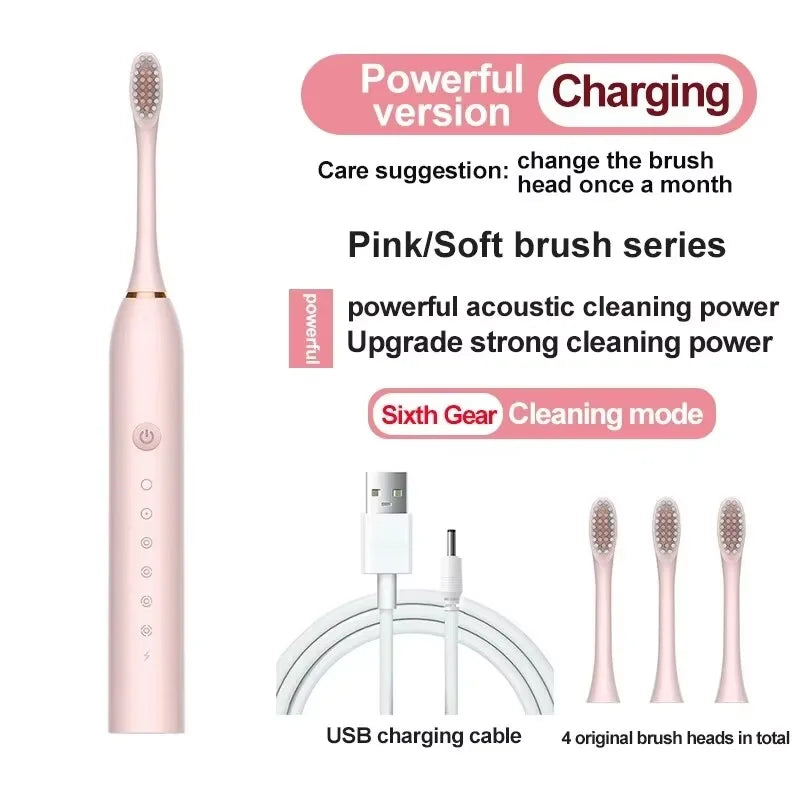 Automatic Electric Toothbrush Six-Speed Adult & Children's Universal Soft Bristle Charging Smart Toothbrush for All Ages Oasis Select pink