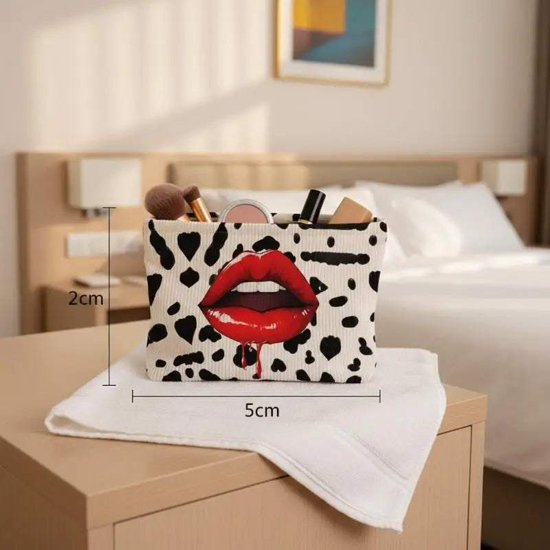 Corduroy Makeup Bag Lip Print & Zipper | Cosmetic Clutch Cosmetic Makeup Bag Oasis Select