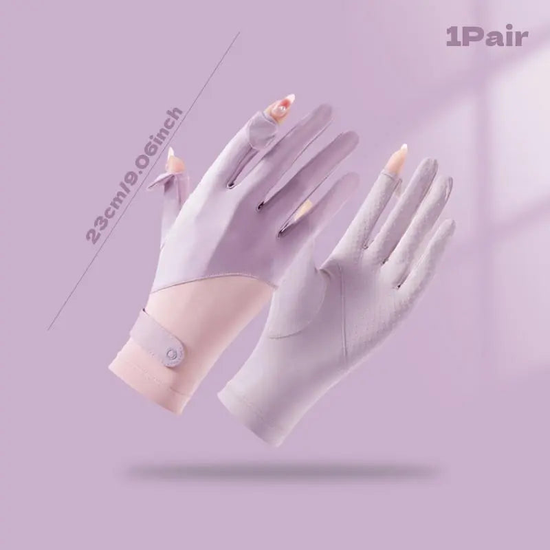 Summer Sunscreen Gloves Women Thin Ice Silk Anti-ultraviolet Dew Finger Touch Screen Driving Riding Non-slip Breathable Gloves Oasis Select Purple