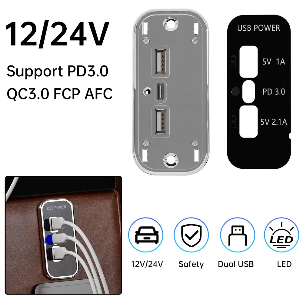 Quick Charger PD Dual USB Panel Car Charger Socket 3.1A 12V/24V USB Charger Outlet Power Adapter for Camper Caravan Accessories Oasis Select
