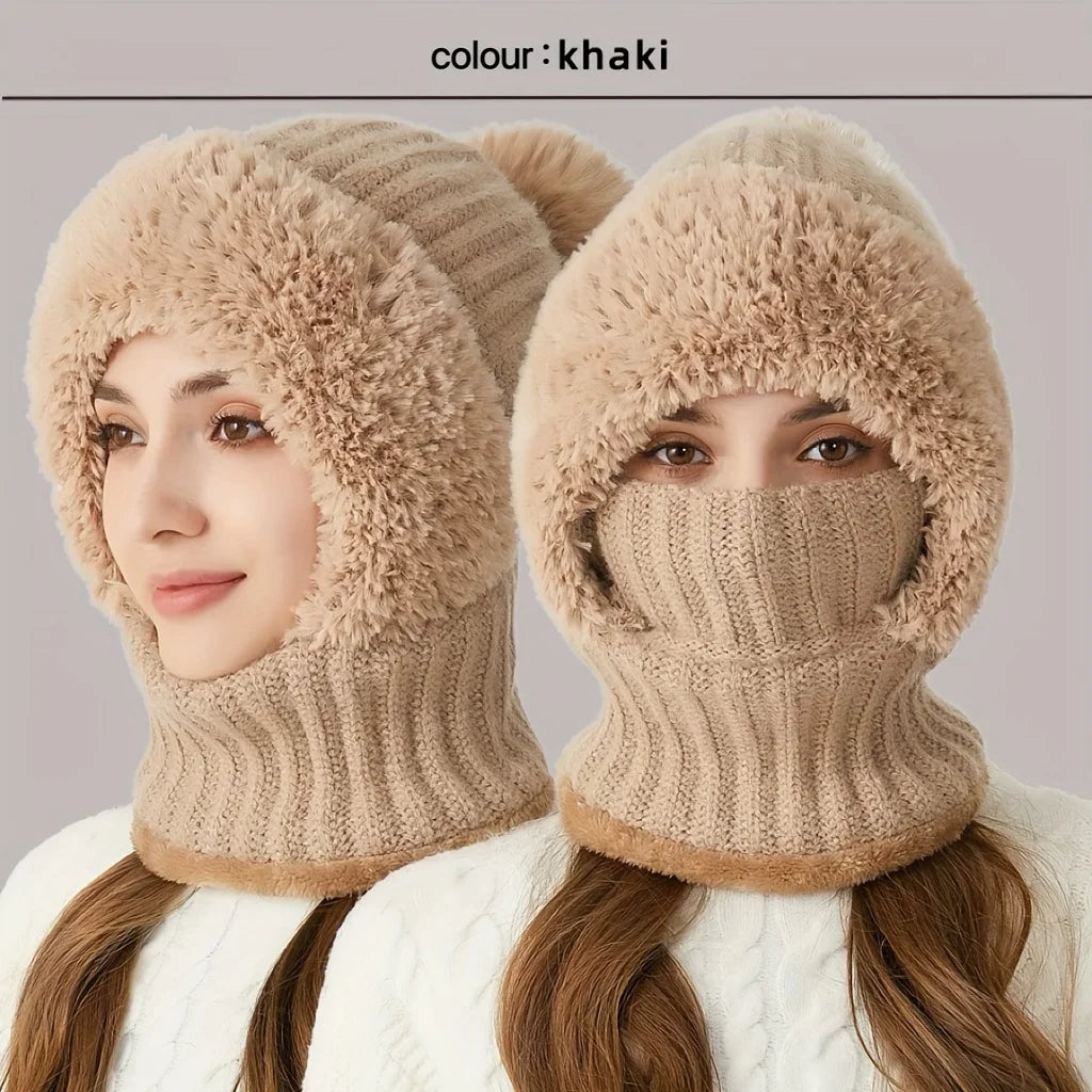 Thickened Knitted Hat Scarf Mask One-Piece, Winter Warm Hat for Women, Full Face Protection Windproof Balaclava Cap Oasis Select