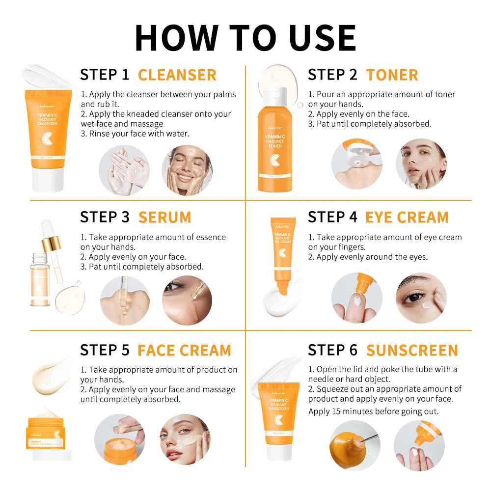 Lakerain Vitamin C Skin Care Set Whitening Cream Dark Spots Serum Dark Circle Eye Facial Cleaning Moisturizing Sunscreen Kits Oasis Select