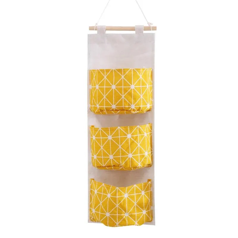 Cotton Linen Wall Hanging Storage Bag – 3-Pocket Organizer Wall Hanging Organizer Oasis Select Yellow