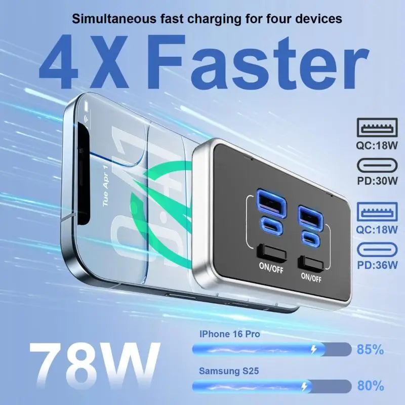 4-Port 12V RV USB Outlet 78W Dual PD Type-C & QC 3.0 Panel Wall Mount With Switch Quick Charge Adapter For Marine Bus ATV Truck Oasis Select
