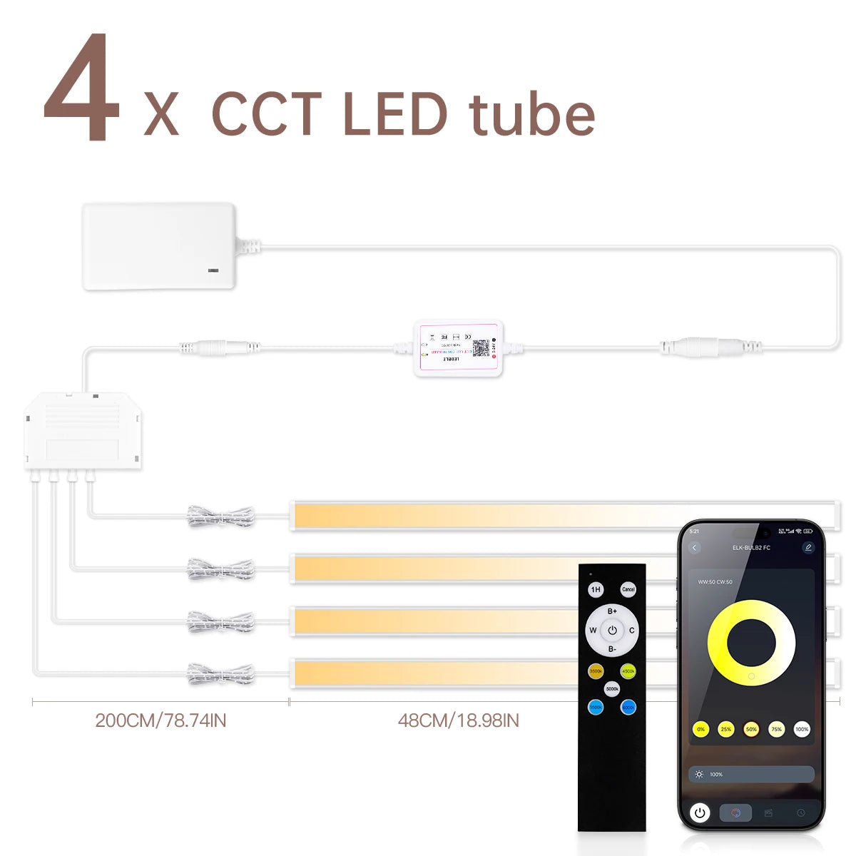 LED Wall Light Tube CCT Adjustable in 6 colors,Remoter/Bluetooth Control Brightness Dimming,Ceiling Acoustic Panel Decor Lightin Oasis Select 4PCS LED Wall Light USA Power Plug 2700K-6500K