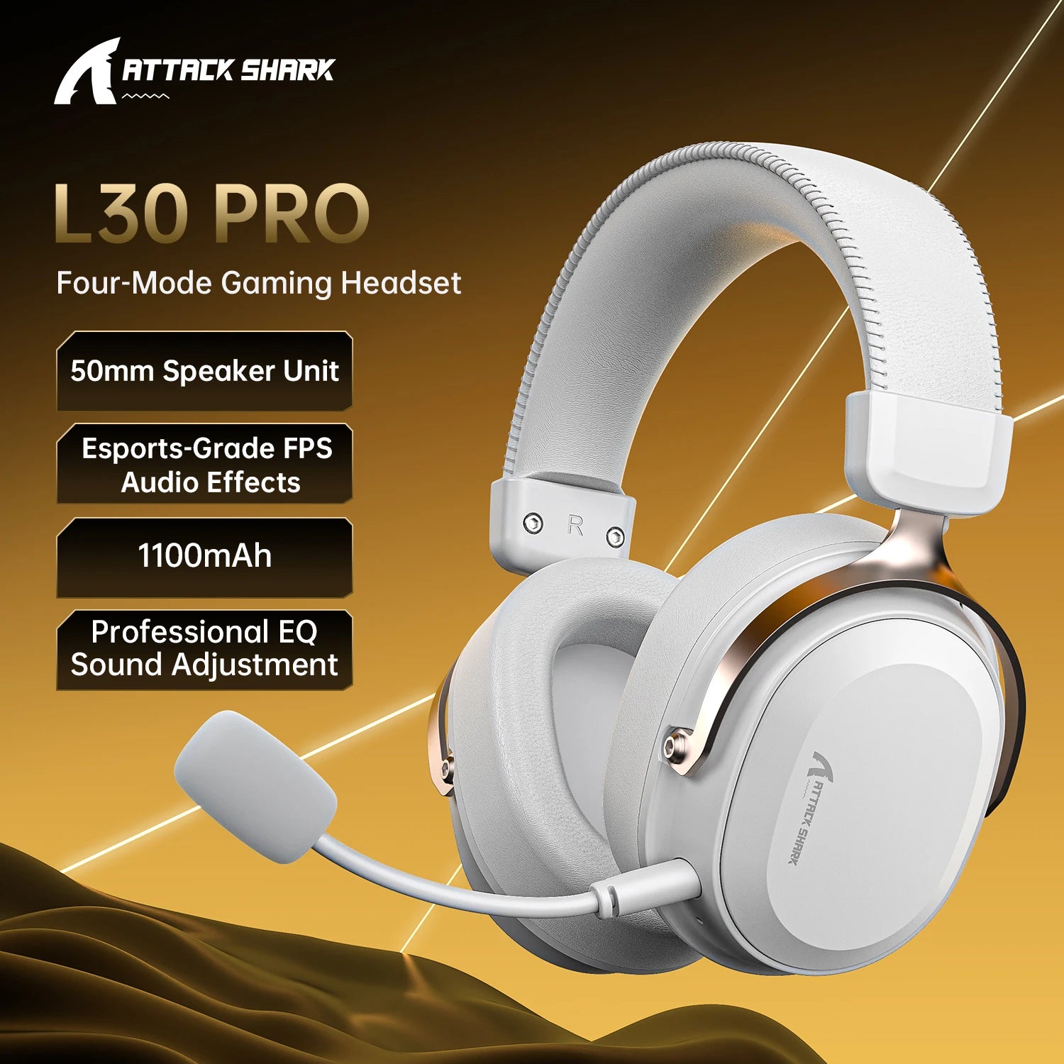 Attack Shark L30PRO 4 Mode Game Headset 2.4G Wireless BT USB 3.5mm Virtual 7.1 Surround 50mm Driver 10ms Low Latency for PC PS5 Oasis Select L30pro Wihte