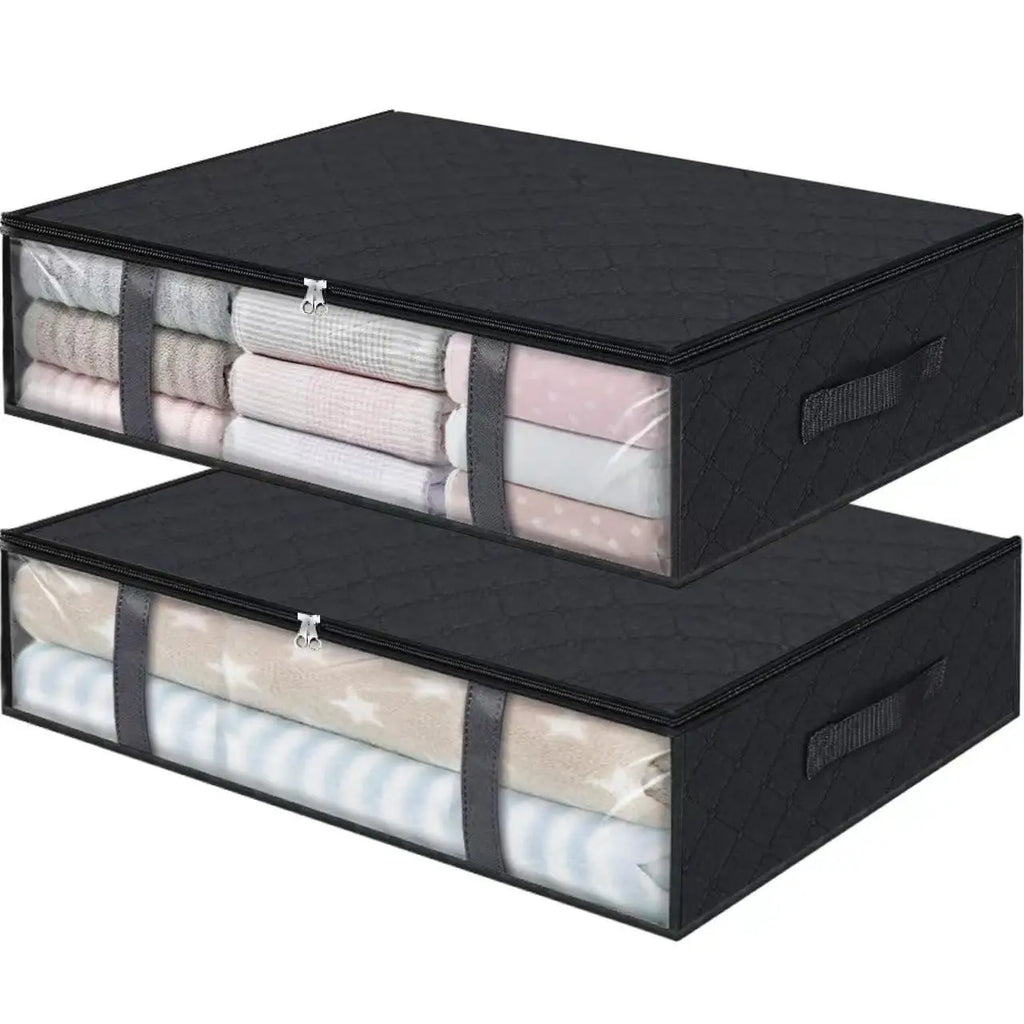 2pcs Large Under Bed Storage Bags Non-woven Clothes Organizer Clear Window Reinforced Handles for Comforters Blankets Bedding Oasis Select 2pcs black