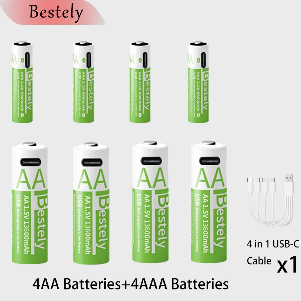 New 1.5V AA 13600mAh+AAA 6800mAh Lithium rechargeable Battery,USB Fast Charging Li-ion Battery , 2000 Cycles with USB- C Cable Oasis Select 4AA 4AAA