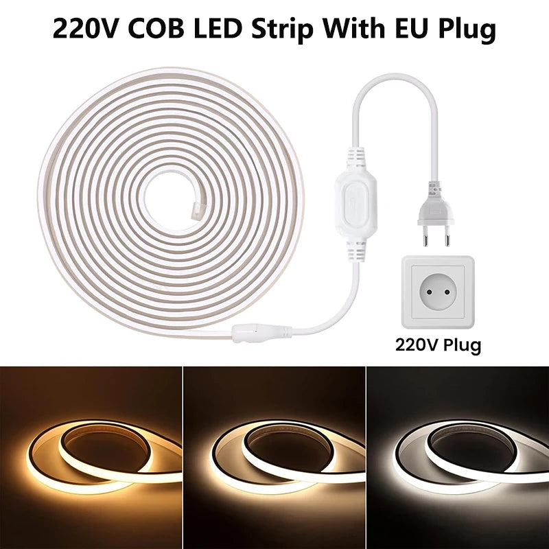 Waterproof COB LED Lights Strip 220V COB Light LED Room Decoration EU Plug 288 LEDS For Room Kitchen Outdoor Garden lighting LED Oasis Select