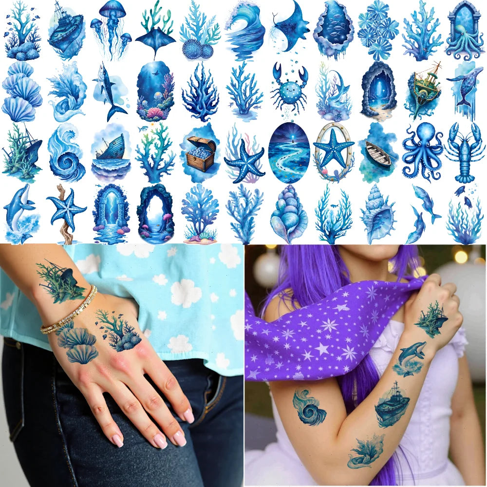 63-Piece Sea Creature Temporary Tattoos – Waterproof Stickers Temporary Tattoo Set Oasis Select