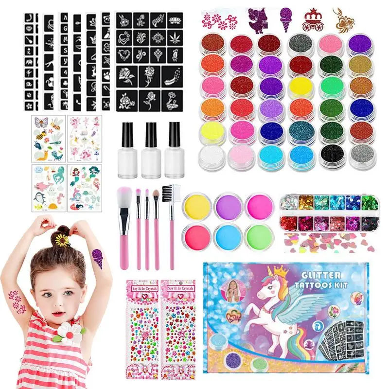 36 colors Colorful Glitter Temporary Tattoo Set Glitter Powder Makeup Brush Tattoo Glue Tattoo Party Face Body Art Kits For Kids Oasis Select