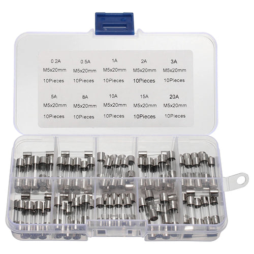 100-Piece Glass Tube Fuse Kit 0.2A–20A 250V Fast-Blow 5×20mm Glass Tube Fuse Kit Oasis Select