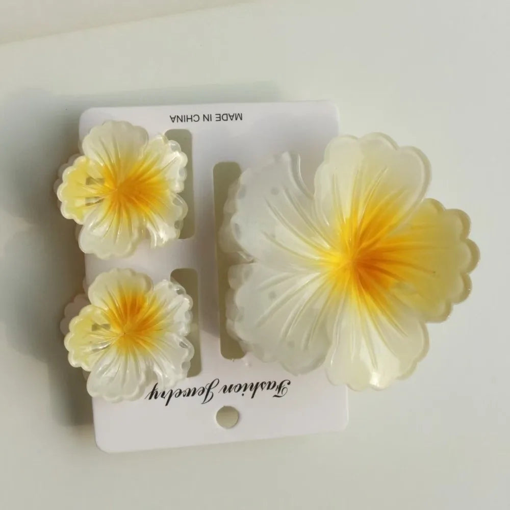 3Pcs/Set Gradient Hair Claws Hibiscus Acrylic Hawaiian Flower Hair Clip Clamp Sweet Flower Ponytail Clip Summer Hair Accessories Oasis Select Yellow
