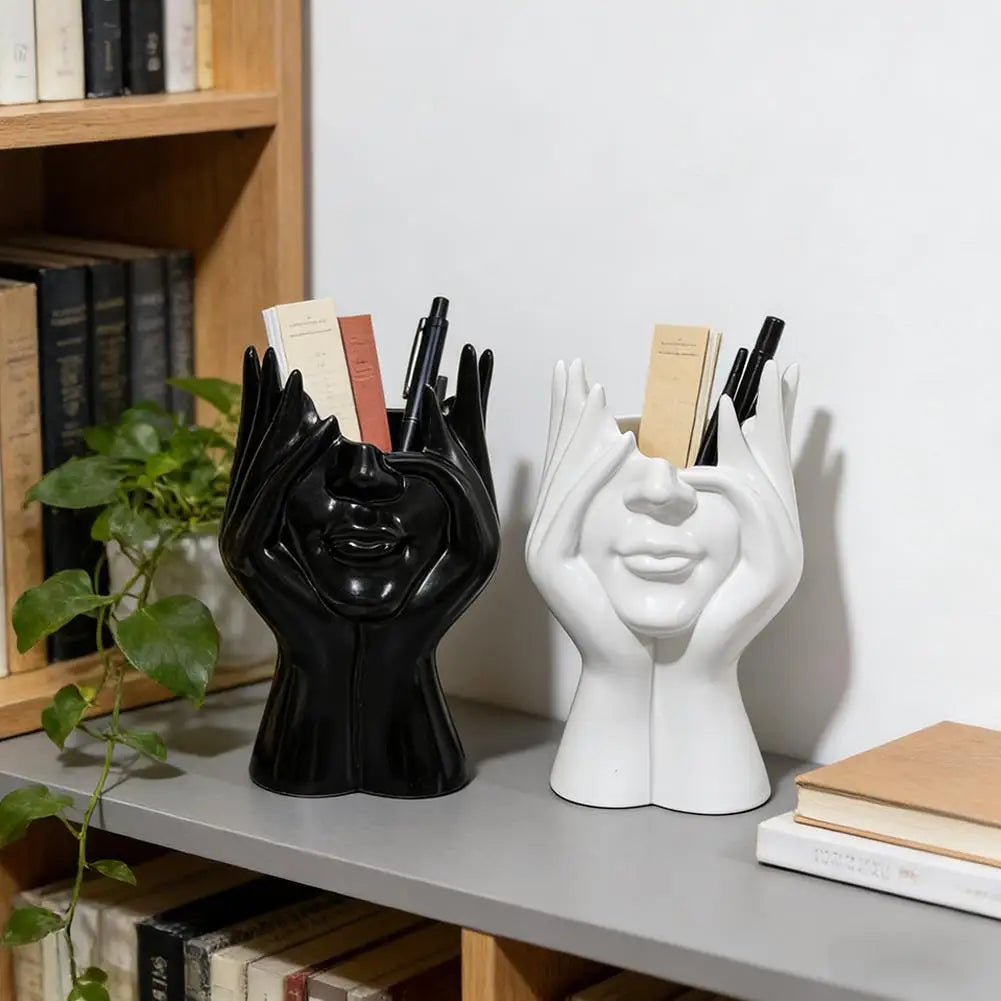 Pen Holder & Desk Decor White Abstract Face Sculpture with Hands, Modern Office Desktop Organizer for Pens, Makeup Brushes Oasis Select