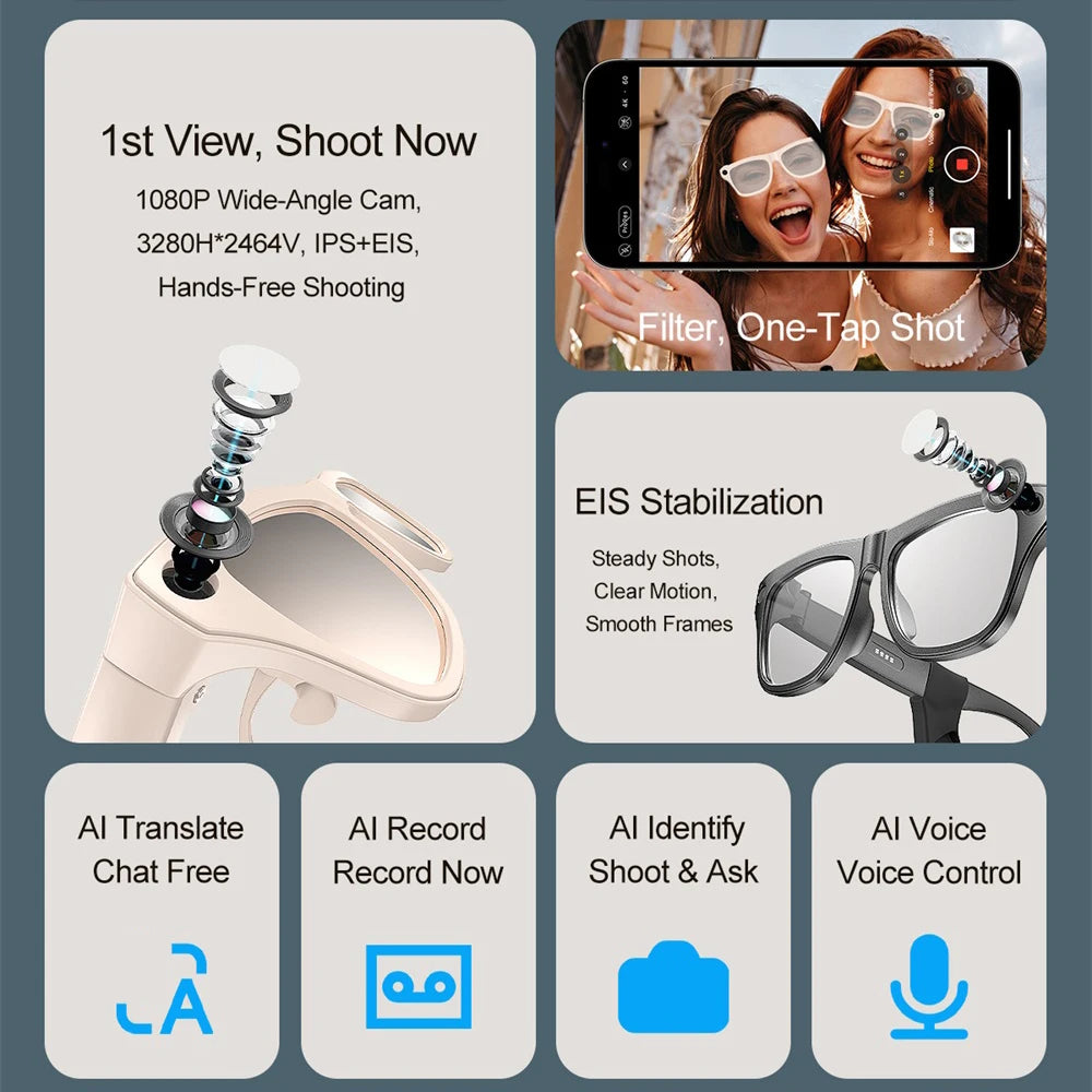 HD Camera Glasses Outdoor Voice Assistant Touch Control Smart Eyewear Bluetooth Music Call AI Translator Sunglasses Men Lady Oasis Select