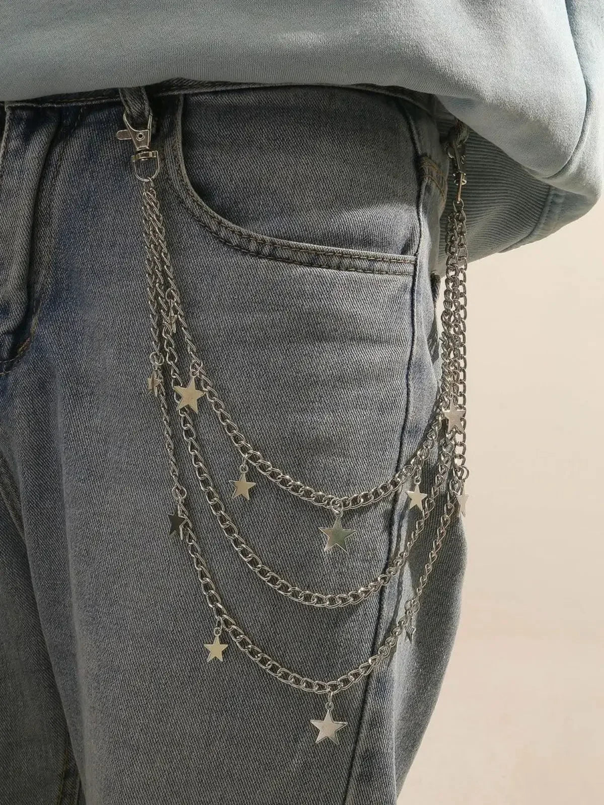 Men Y2k Star Charm Layered Street Style Pant Jeans Chain Belt Oasis Select