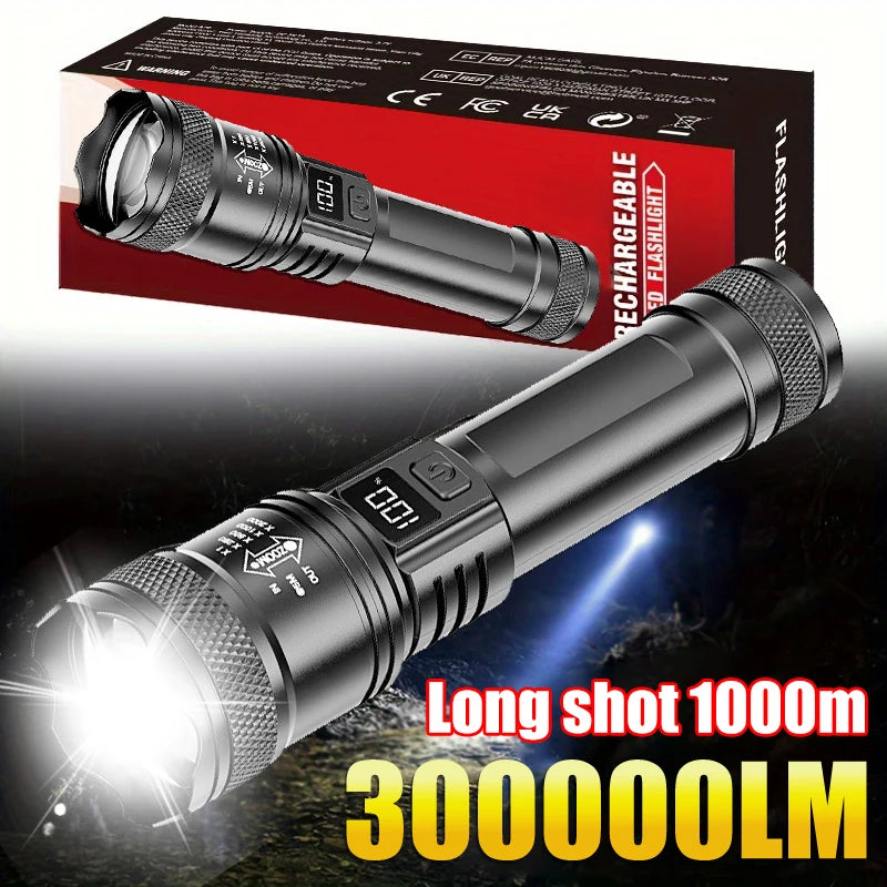High-power Led Flashlight USB Rechargeable Torch with Display Zoomable Light with Battery Camping Hiking Lantern Emergency Lamp Oasis Select