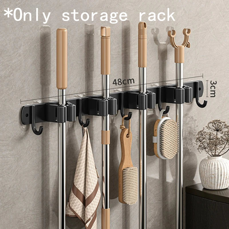 Stainless Steel Mop Holder No Drill Mop Hook Wall Mounted Broom Storage Rack Bathroom Mop Organizer Household Goods Oasis Select black