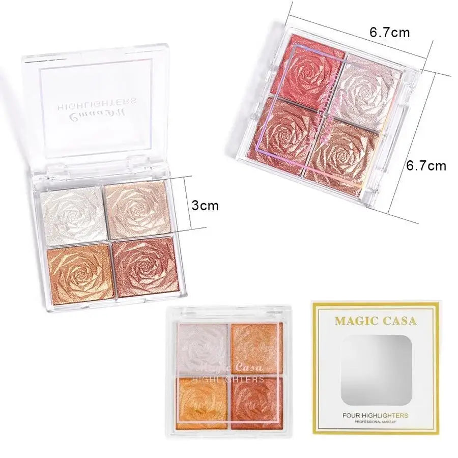 MAGIC CASA 4-Color Highlighter Palette – Shimmer Blush Glow