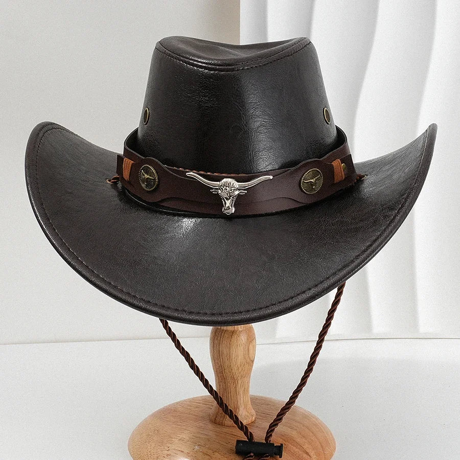 Unisex Vintage Faux Leather Western Cowboy Hat Outdoor Gentleman Cowgirl Jazz Cap Sombrero Hombre Cowboy Hat Oasis Select