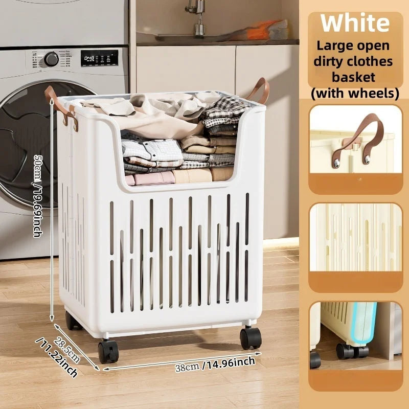 Foldable Open-Top Dirty Clothes Basket, Collapsible Wheeled Laundry Hamper, Space-Saving Organizer for Bedroom/Bathroom Oasis Select White Large-Wheel