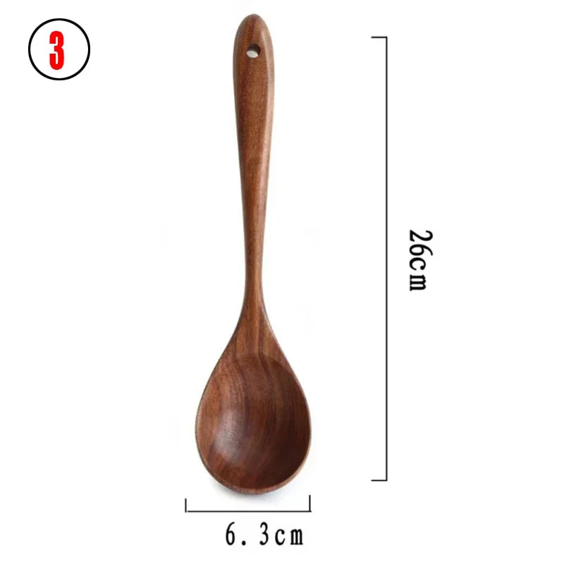 7pcs/set Teak Natural Wood Tableware Spoon Ladle Turner Rice Colander Soup Skimmer Cooking Spoon Scoop Kitchen Reusable Tool Kit Oasis Select 3