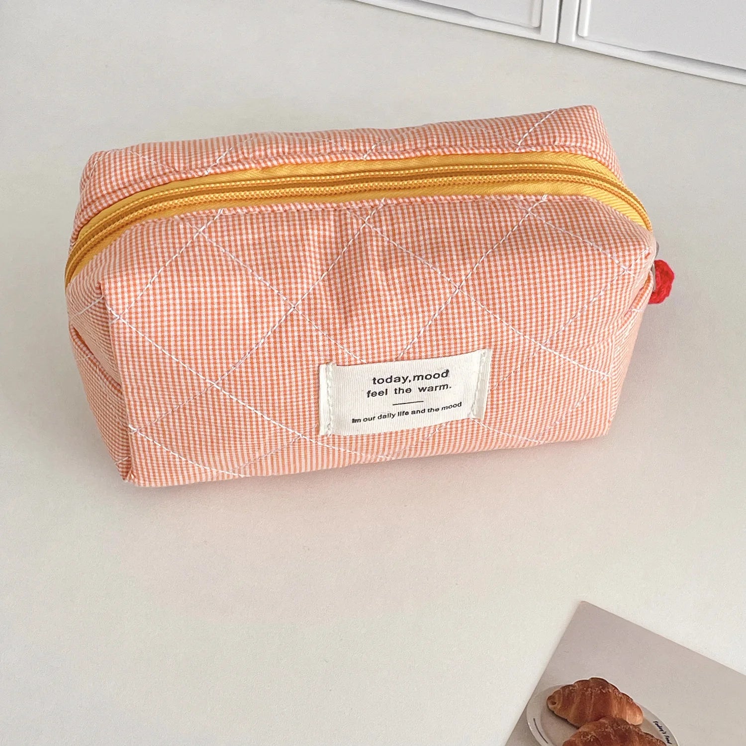 Vintage Plaid Octagon Bag, Japanese Style Makeup Pouch, Cute Cosmetic Bag for Women, Portable Travel Organizer Oasis Select Orange