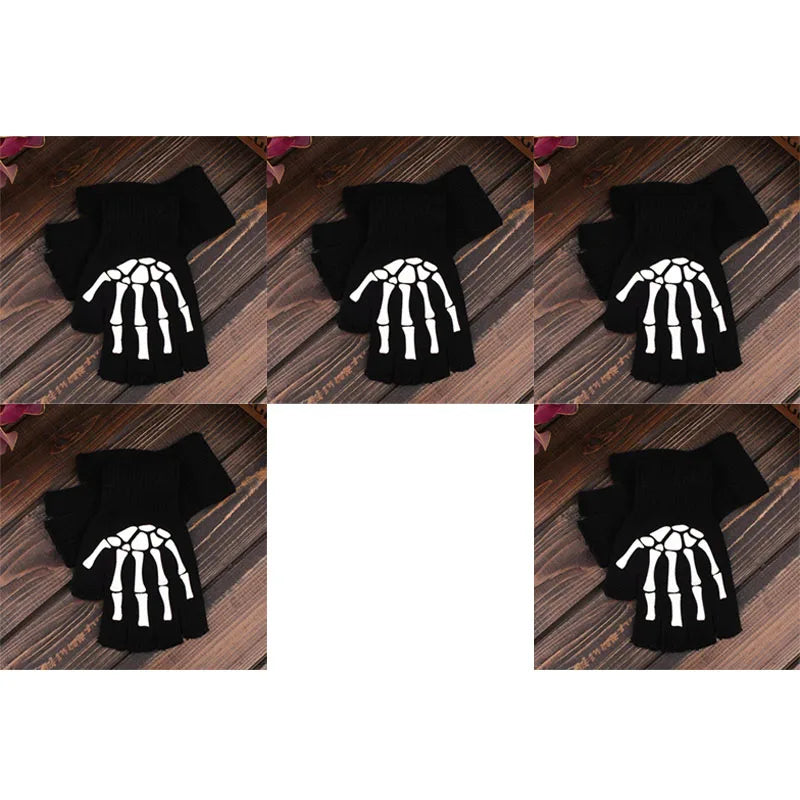 1-6Pairs Gothic Skeleton Reflective Gloves Horror Claw Bone Streetwear Half Gloves Halloween Split Finger Gloves For Men Women Oasis Select 5pairs One Size