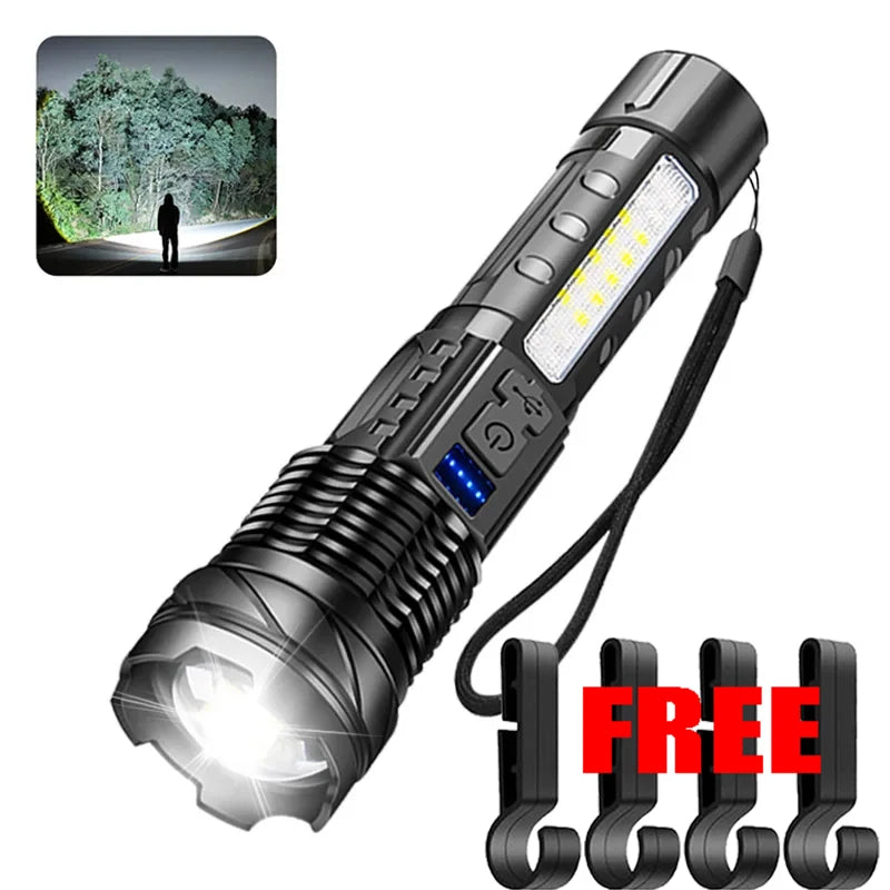 High Powerful LED Flashlight Rechargeable Waterproof Torch with Side Light 7 Modes Zoomable Lamp for Camping Fishing Lantern Oasis Select S140-clip