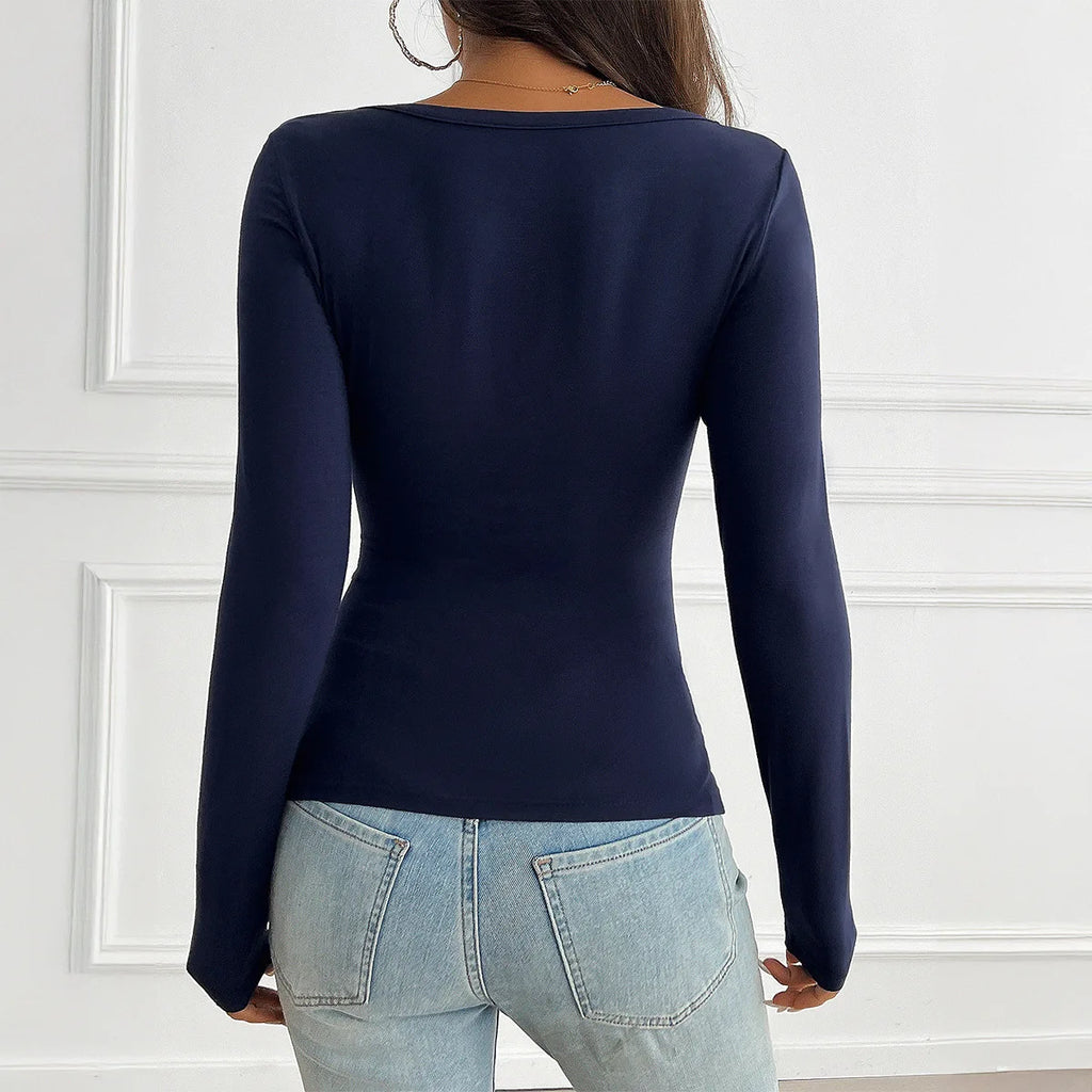 Women's Blue V-Neck Knit Slim Fit Long Sleeve Pullover Top