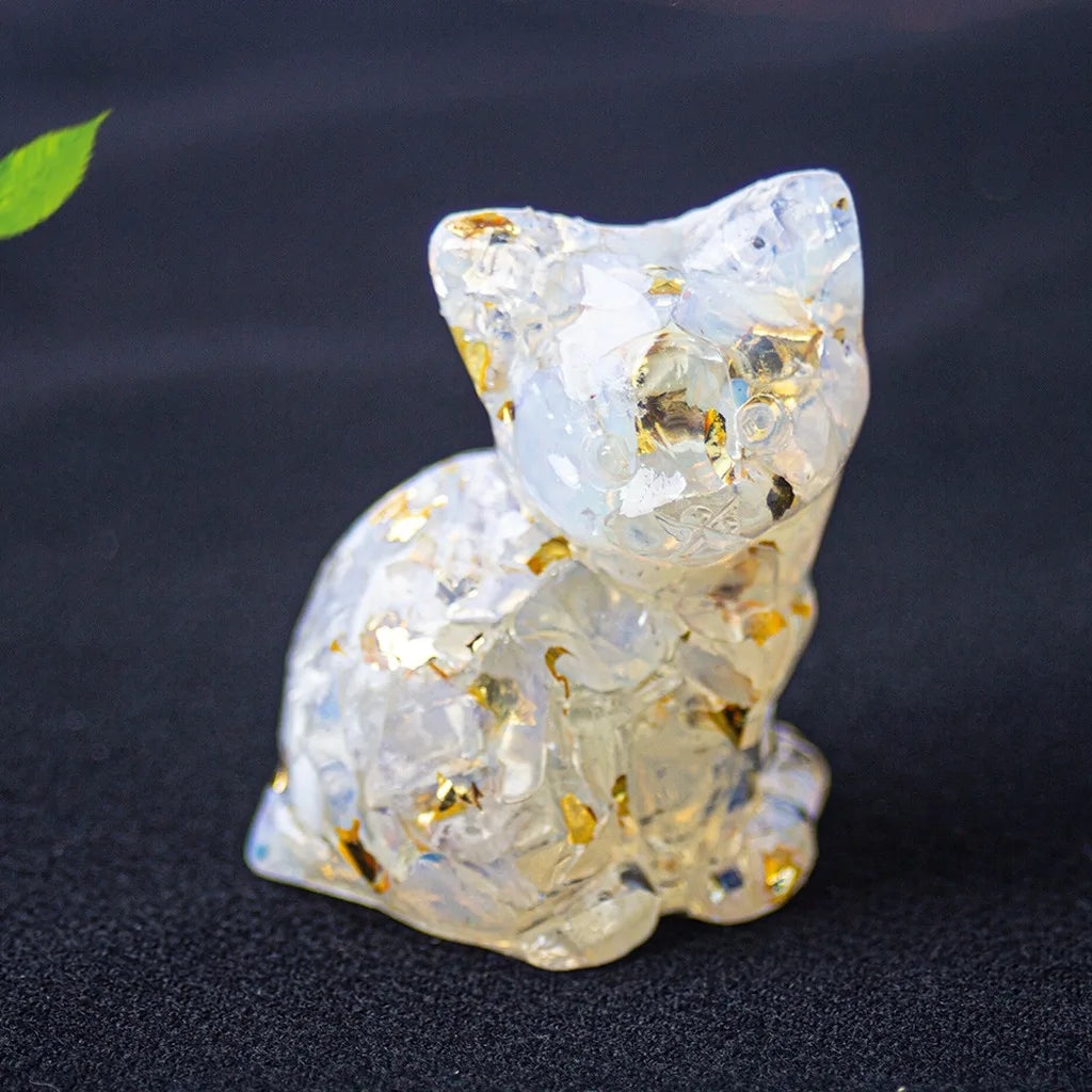Natural Crystal Gravel Resin Sitting Turning Face Cat Figurine Gold