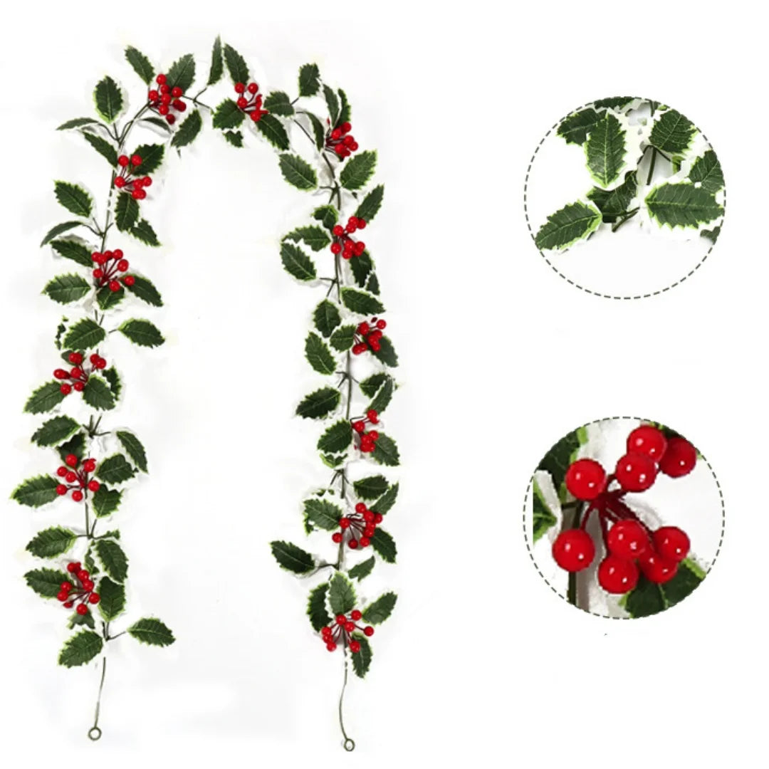 2M Christmas Garland String Light Artificial Red Berry Holly Leaves DIY Rattan Wreath For Xmas New Year Holiday Home Decoration Oasis Select Style 4