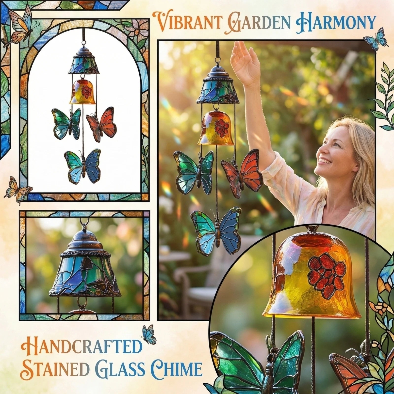 Stained Glass Butterfly Wind Chime | Garden & Patio Decor Garden Wind Chime Oasis Select