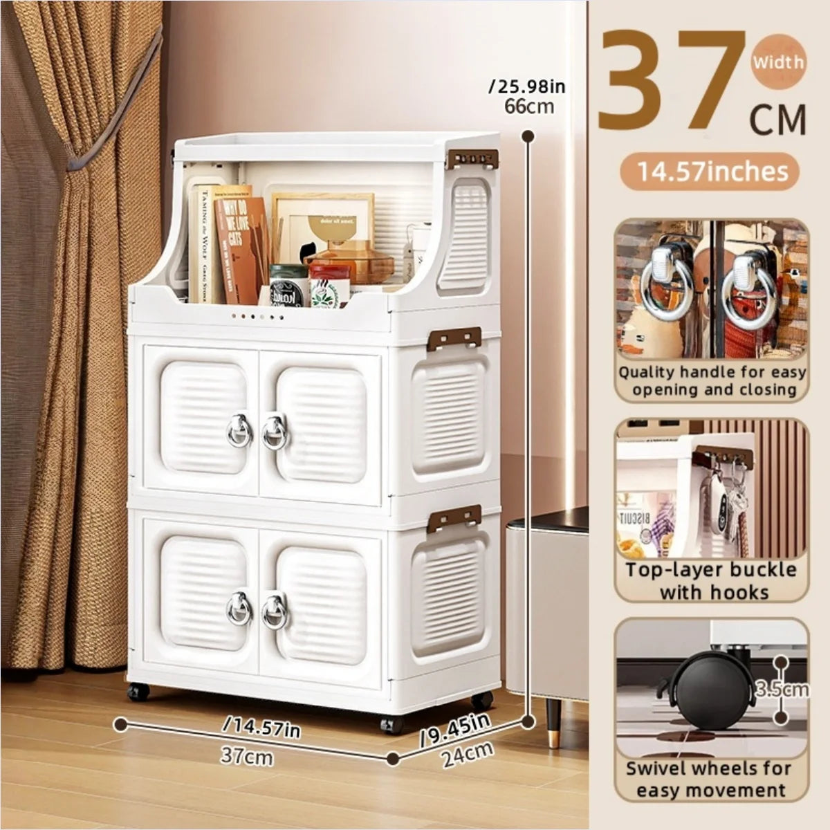 37cm Foldable Double-Door Storage Cabinet-Large Capacity Mobile Organizer with Wheels for Kitchen, Bedroom,Living Room Storage Oasis Select 3 Layers White