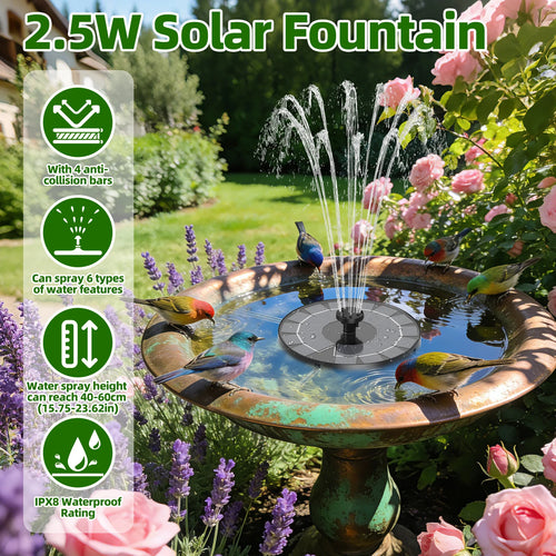 2.5W Solar Fountain,Durable Water Fountain,with 6 Nozzles 4 Anti-Collison Bars,Perfect Outdoor Decoration for Garden Pond Pool Oasis Select