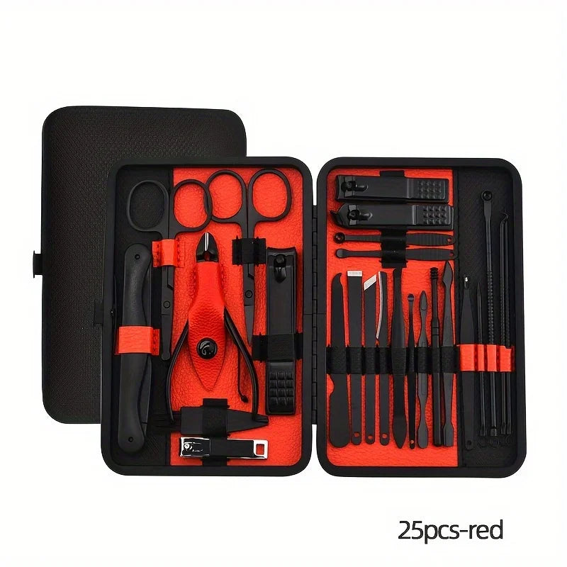 25PCS Set Professional Manicure Set Kits Stainless Steel Fingernail Toenail Clippers Set with Leather Portable Oasis Select red-25pcs