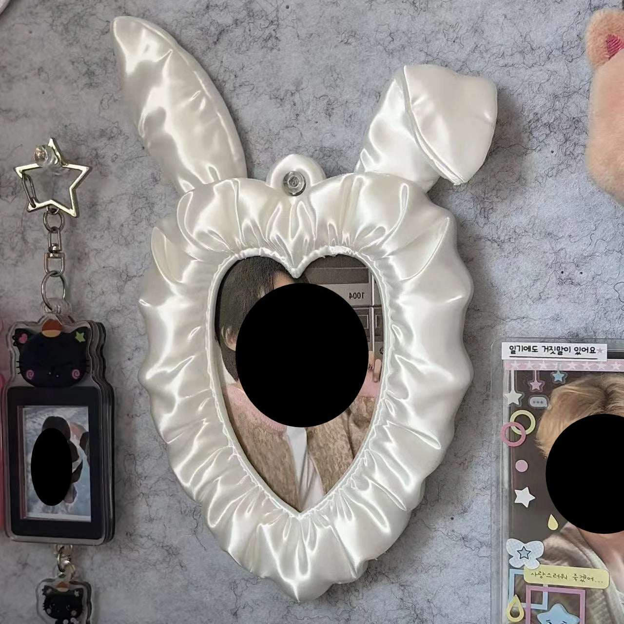 Cute Rabbit Ear Heart-shaped Photo Booth Silk Satin Idol Photo Frame PLA Material Style Card Holder Keychain Photo Display Frame Oasis Select