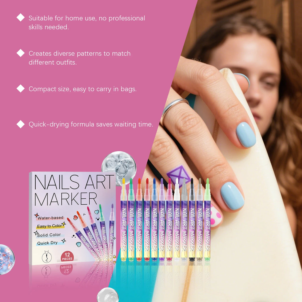 12-Color Nail Art Acrylic Paint Pens – 3D Doodle & Dotting Set Nail Art Pen Set Oasis Select