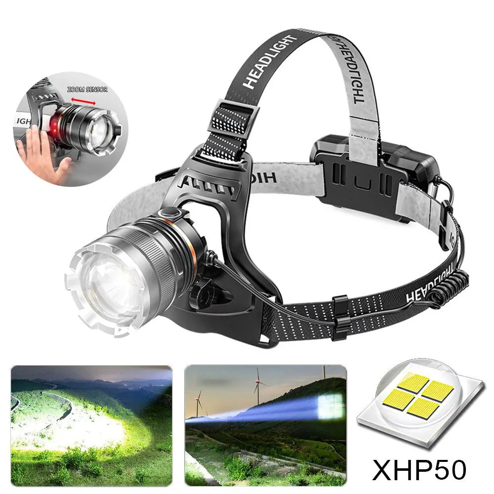 XHP50 LED Sensor Headlamp Waterproof Head Light Rechargeable Fishing Searching Camping Head Flashlight Zoom Lantern Oasis Select