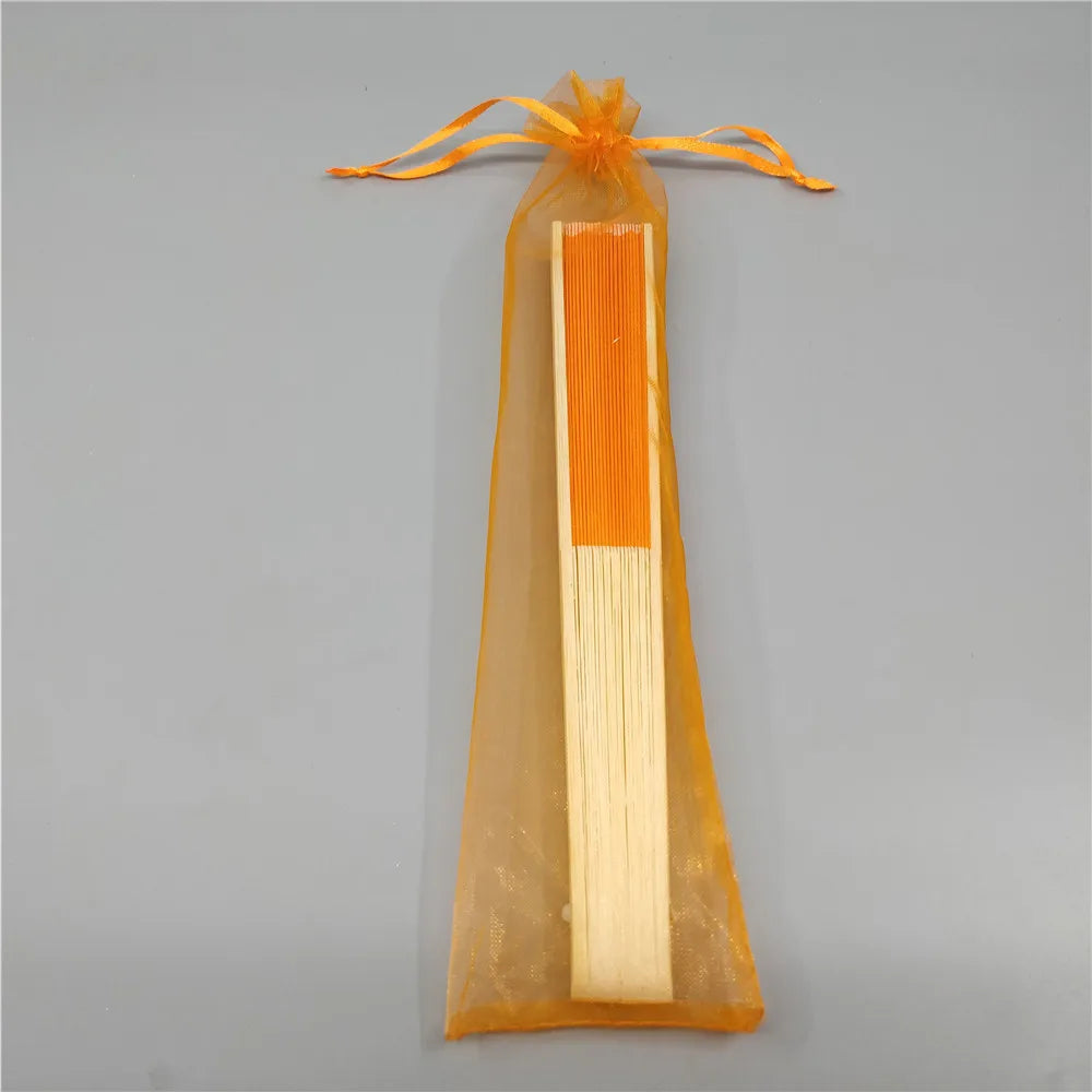Hand Folding Fan with Organza Bag Bridal Shower Kids Christestening Favors Wholesale Bamboo Fabric Handheld Fans Oasis Select Orange